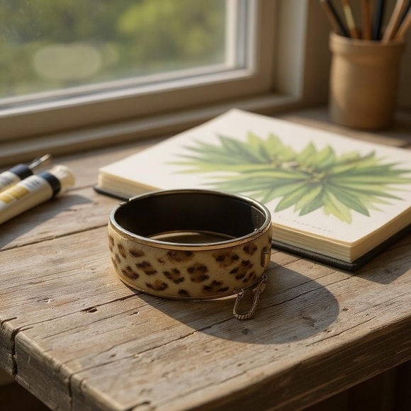 Vintage Animal Print Brown Leopard Fur ( faux ?) 1”W Statement Bracelet - Picture 2 of 10